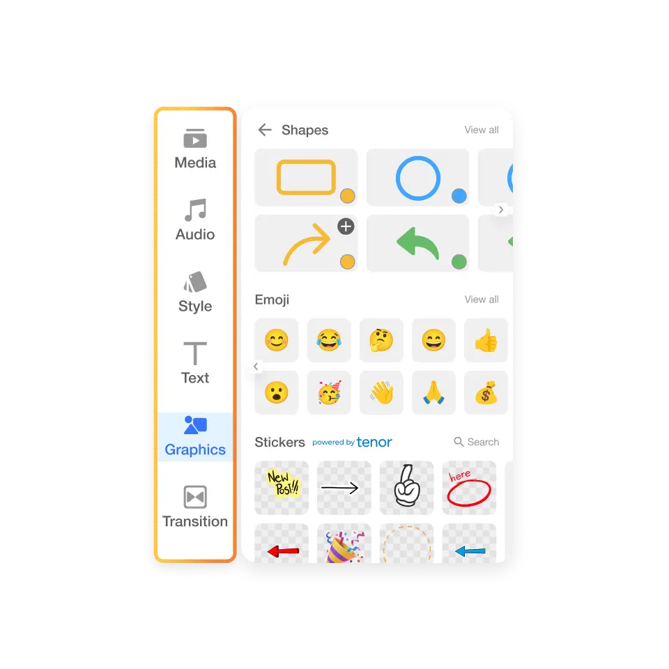 Infographic video creator with shape and graphic elements in Visla’s side panel.